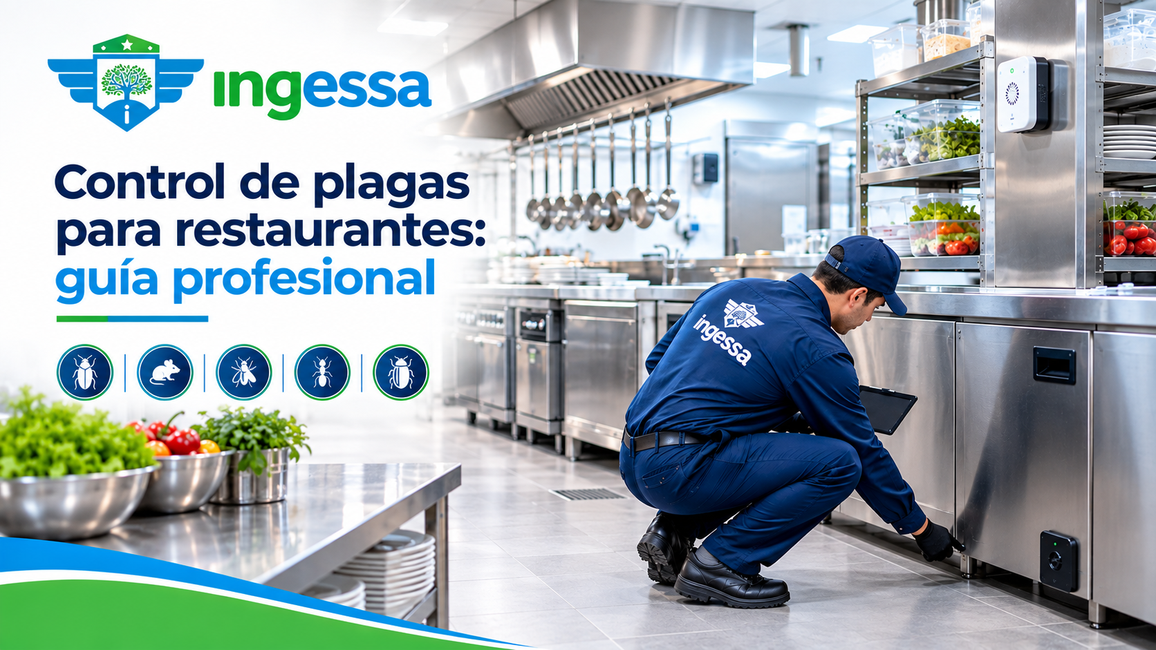 Técnico en control de plagas realizando una inspección en la cocina de un restaurante.